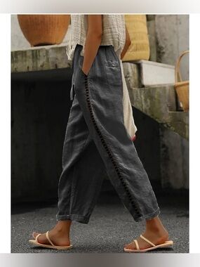 Casual Straight-Leg Drawstring Pants in BLACK with Side Lace Trim Multi Sizes